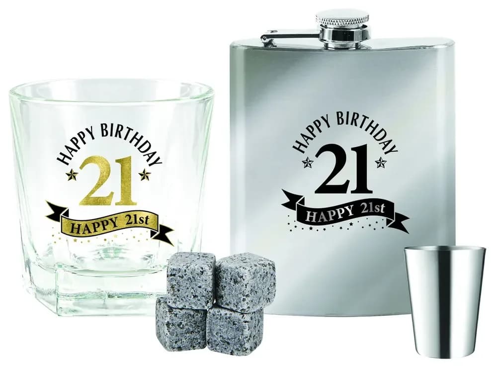 21st Birthday Premium Whisky Gift Set in Wooden Box (Glass, Coaster & Stones)