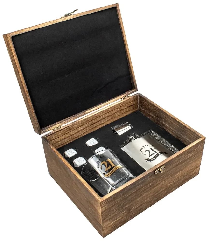 21st Birthday Premium Whisky Gift Set in Wooden Box (Glass, Coaster & Stones)