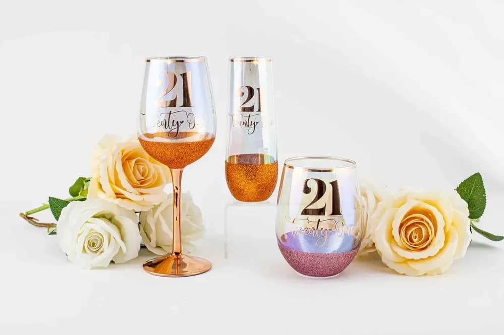 21st Birthday Glitter Stemless Glass - Pink