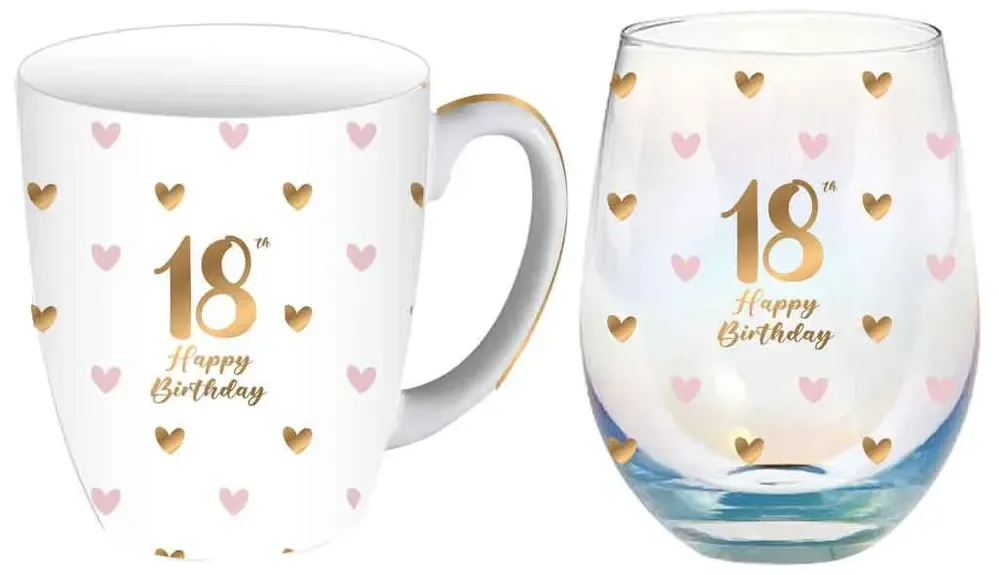 18th Birthday Sweet Heart Mug & Stemless Glass Gift Set