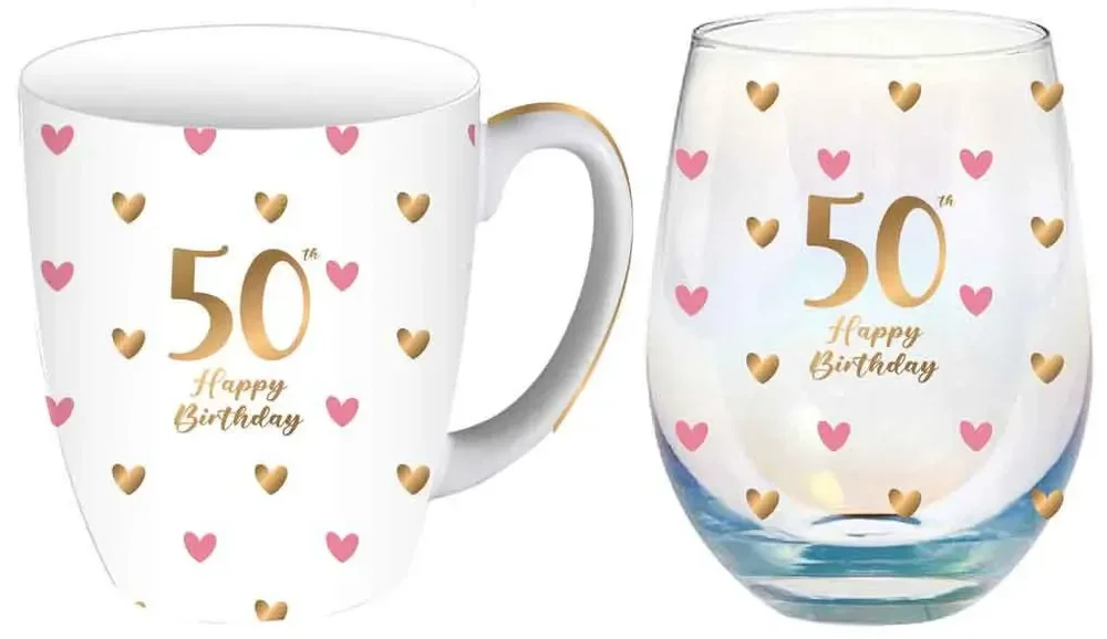 50th Birthday Sweet Heart Mug & Stemless Glass Gift Set