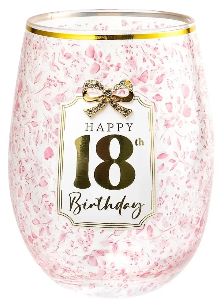 18th Birthday Stemless Pretty Bow Wine Glass - Gift Boxed