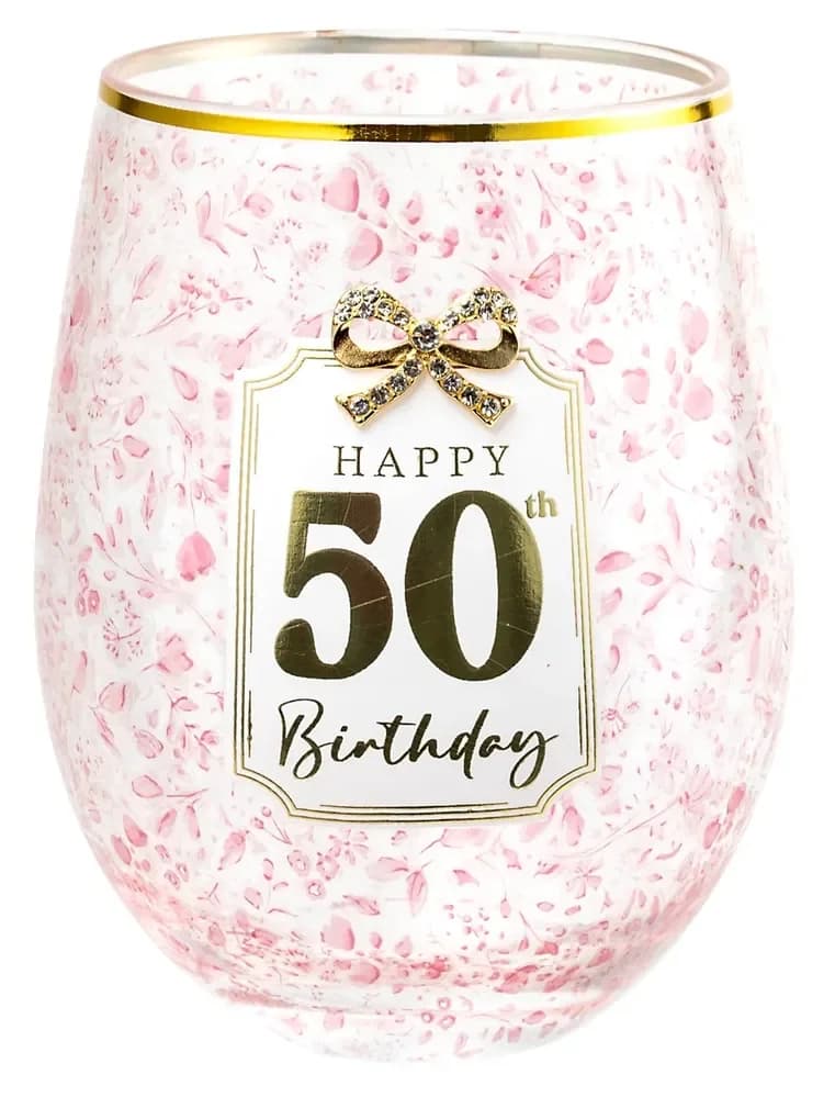 50th Birthday Stemless Pretty Bow Wine Glass - Gift Boxed