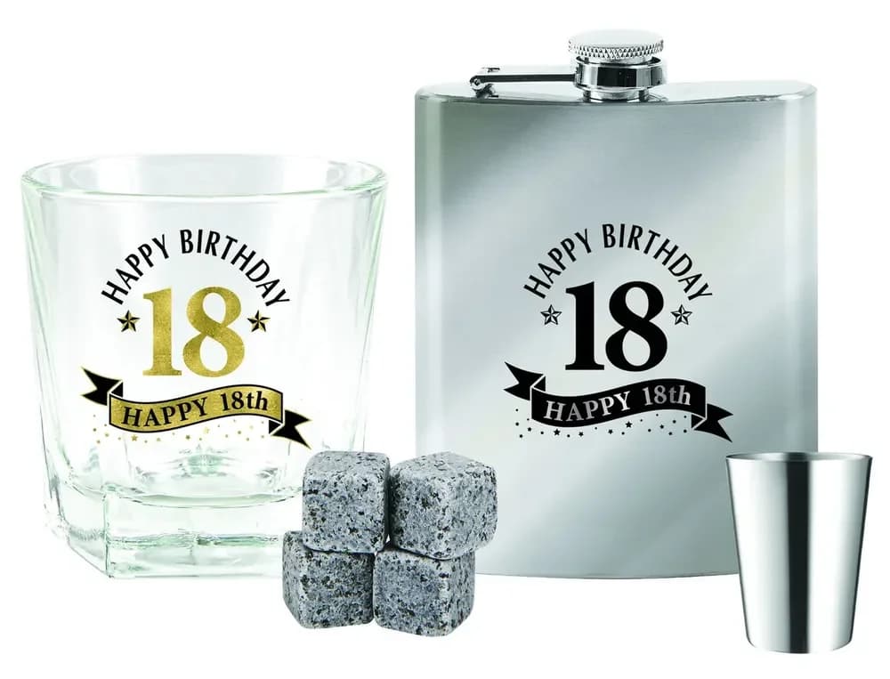 18th Birthday Premium Whisky Gift Set in Wooden Box (Glass, Coaster & Stones)