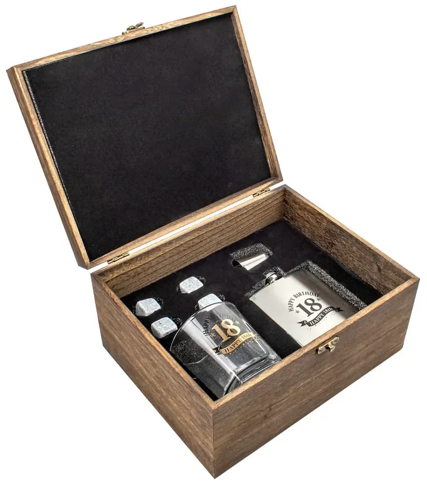 18th Birthday Premium Whisky Gift Set in Wooden Box (Glass, Coaster & Stones)
