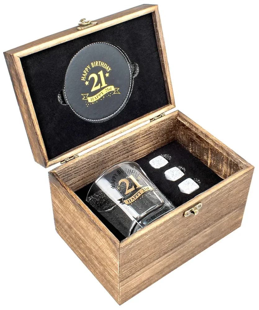 21st Birthday Whisky Glass Gift Set in Wooden Box