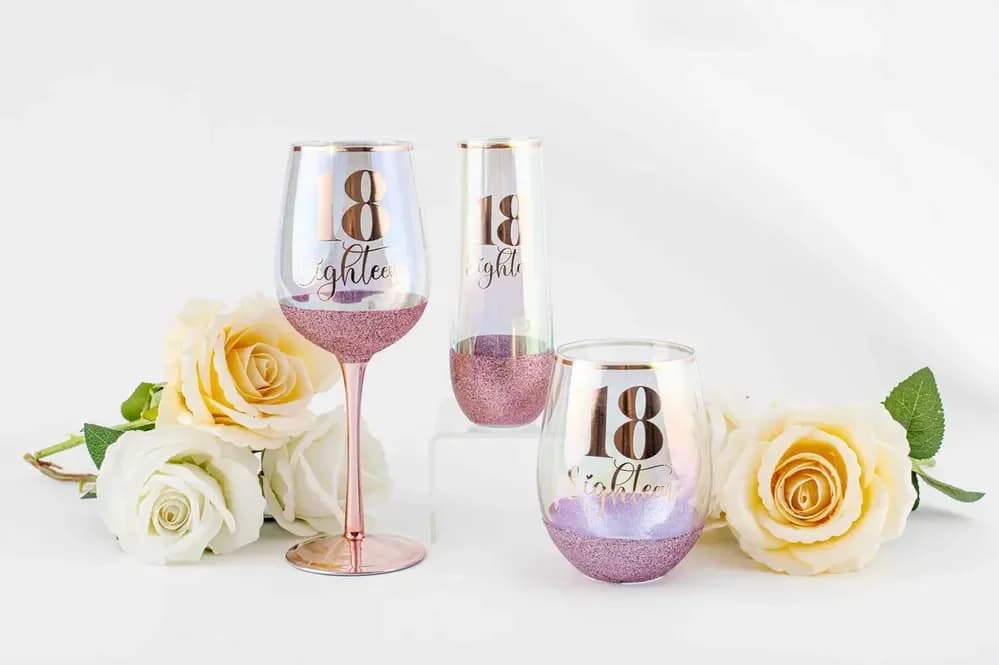18th Birthday Glitter Stemless Glass - Purple
