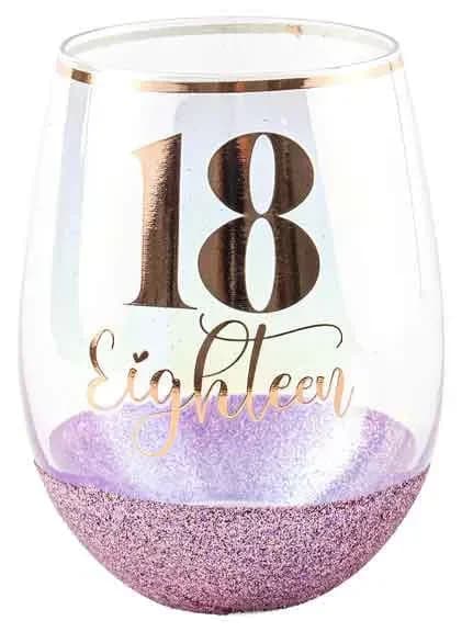 18th Birthday Glitter Stemless Glass - Purple