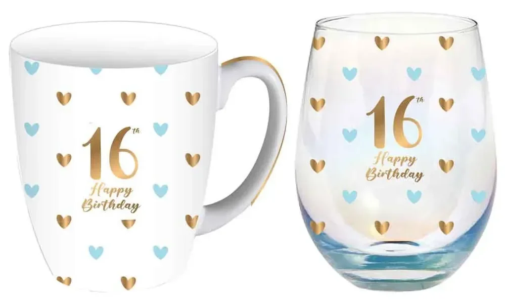 16th Birthday Sweet Heart Mug & Stemless Glass Gift Set