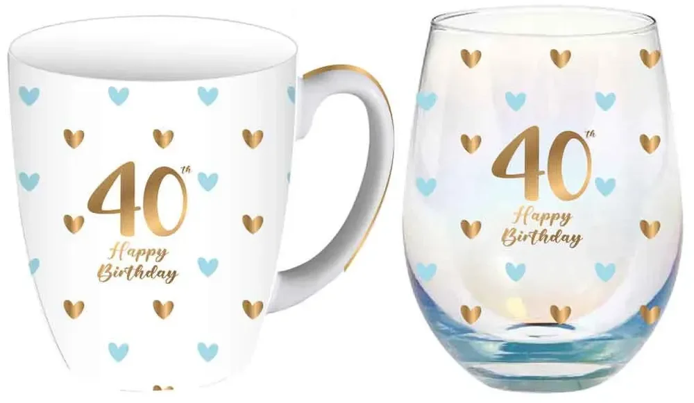 40th Birthday Sweet Heart Mug & Stemless Glass Gift Set