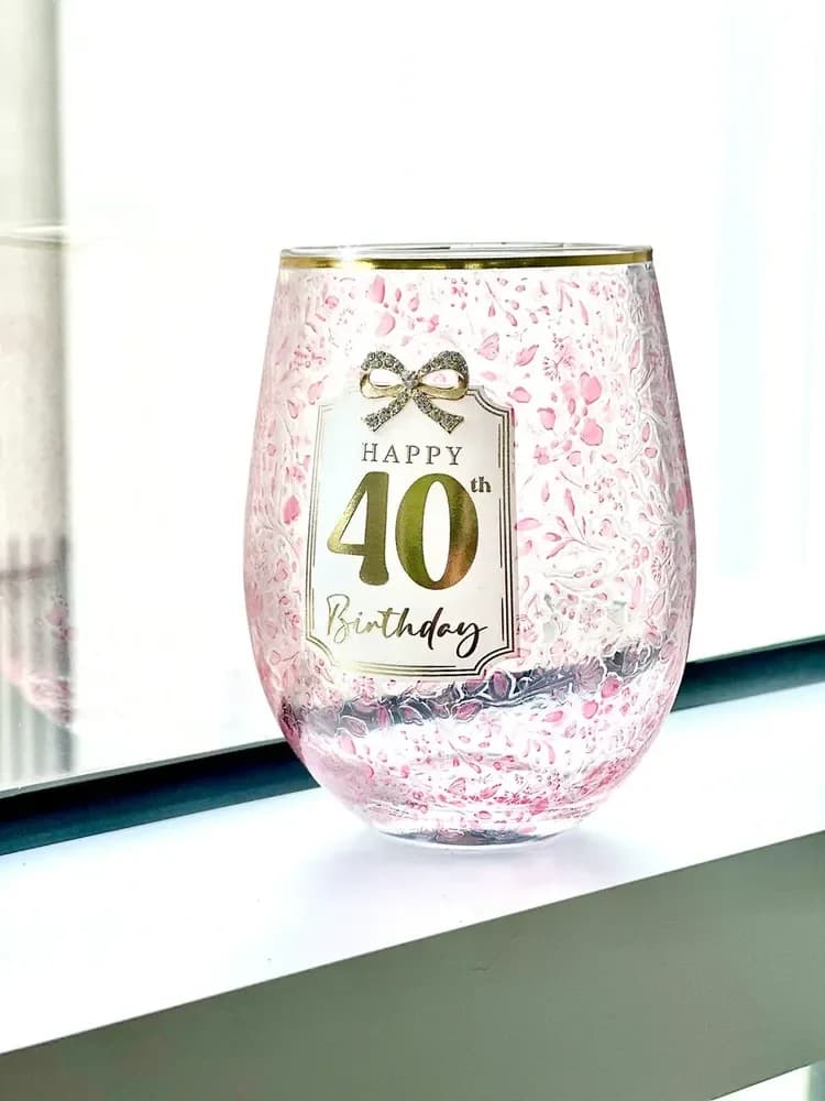 40th Birthday Stemless Pretty Bow Wine Glass - Gift Boxed