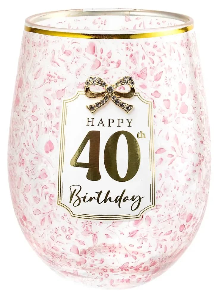 40th Birthday Stemless Pretty Bow Wine Glass - Gift Boxed