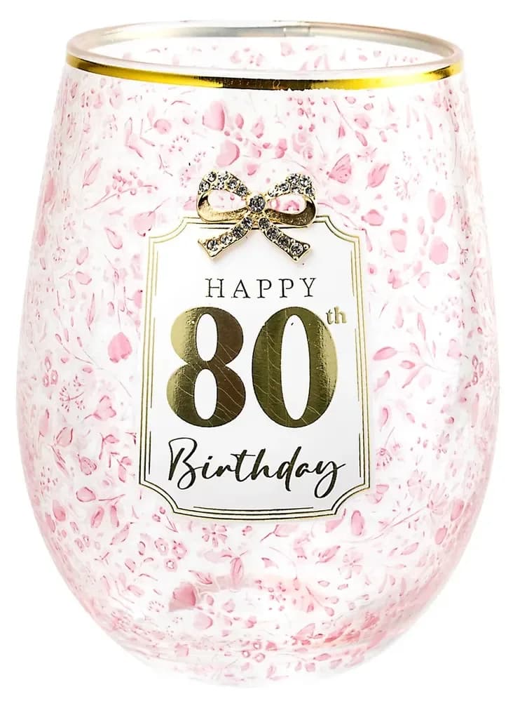 80th Birthday Stemless Pretty Bow Wine Glass - Gift Boxed