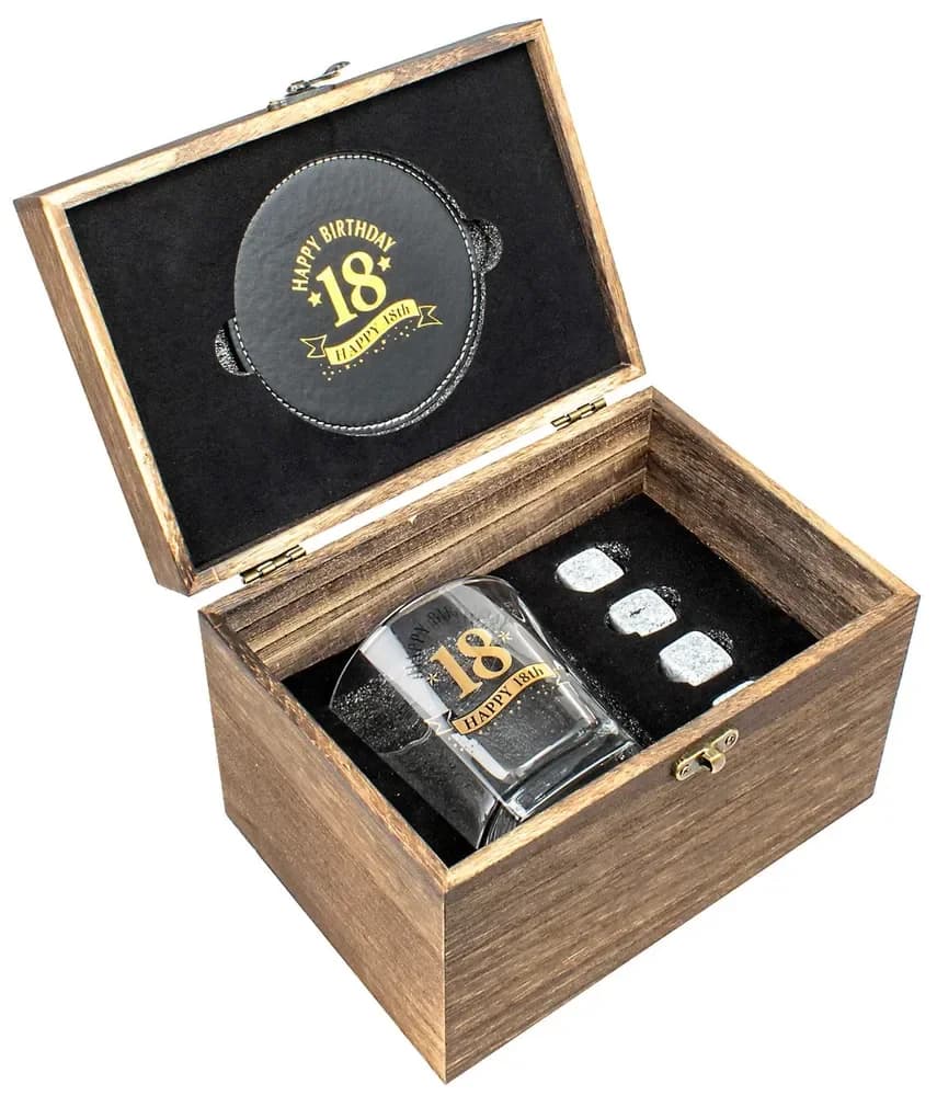 18th Birthday Whisky Glass Gift Set in Wooden Box