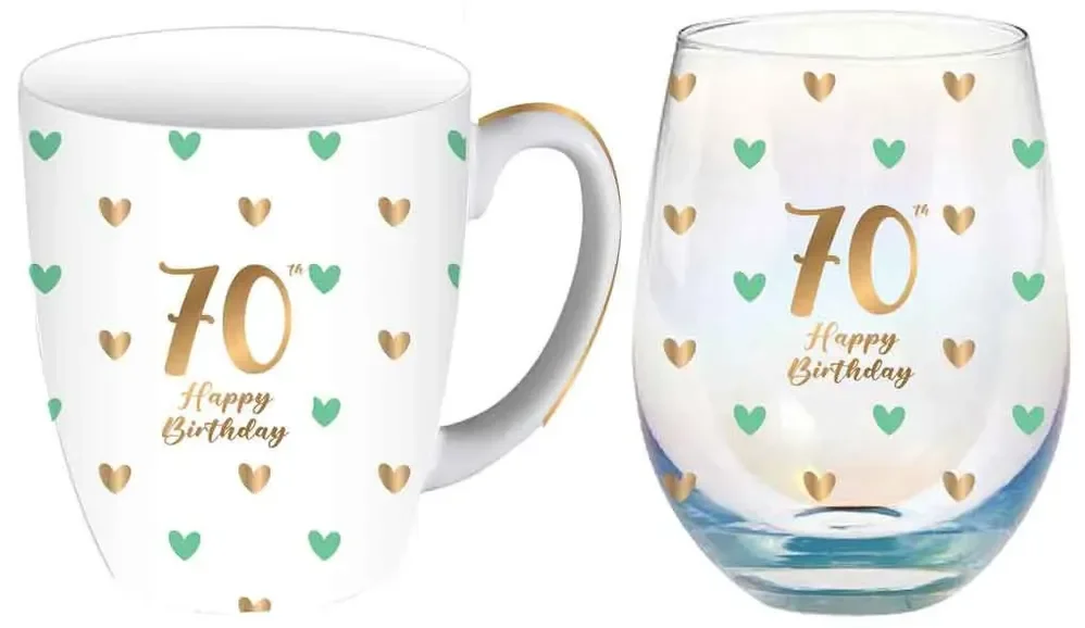 70th Birthday Sweet Heart Mug & Stemless Glass Gift Set