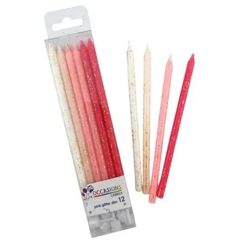 Slim Glitter Birthday Candles — Pink (12 Pack)