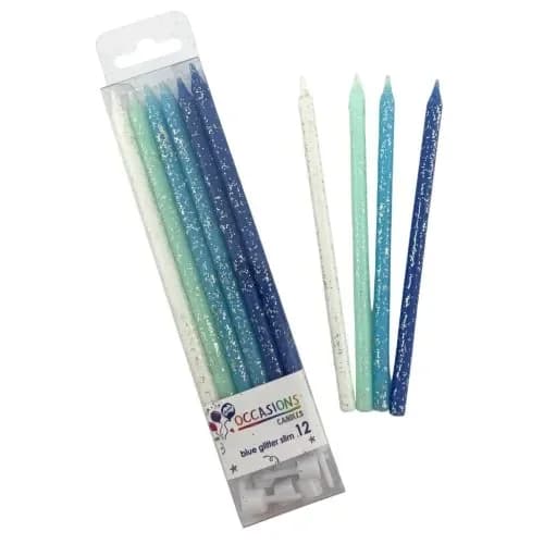 Slim Glitter Birthday Candles — Blue (12 Pack)