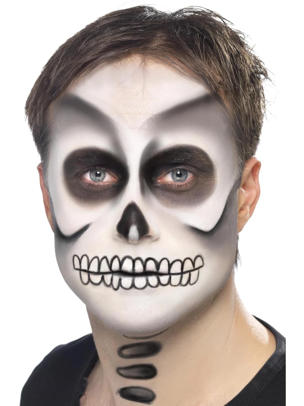 Man with a white and black skeleton face painted on, with outlined teeth and neck vertebrae
