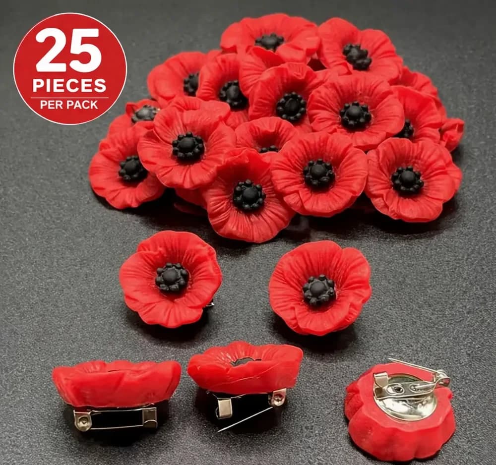 ANZAC Day Poppy Pins – Pack of 25 (Resin, Approx. 2.3cm)