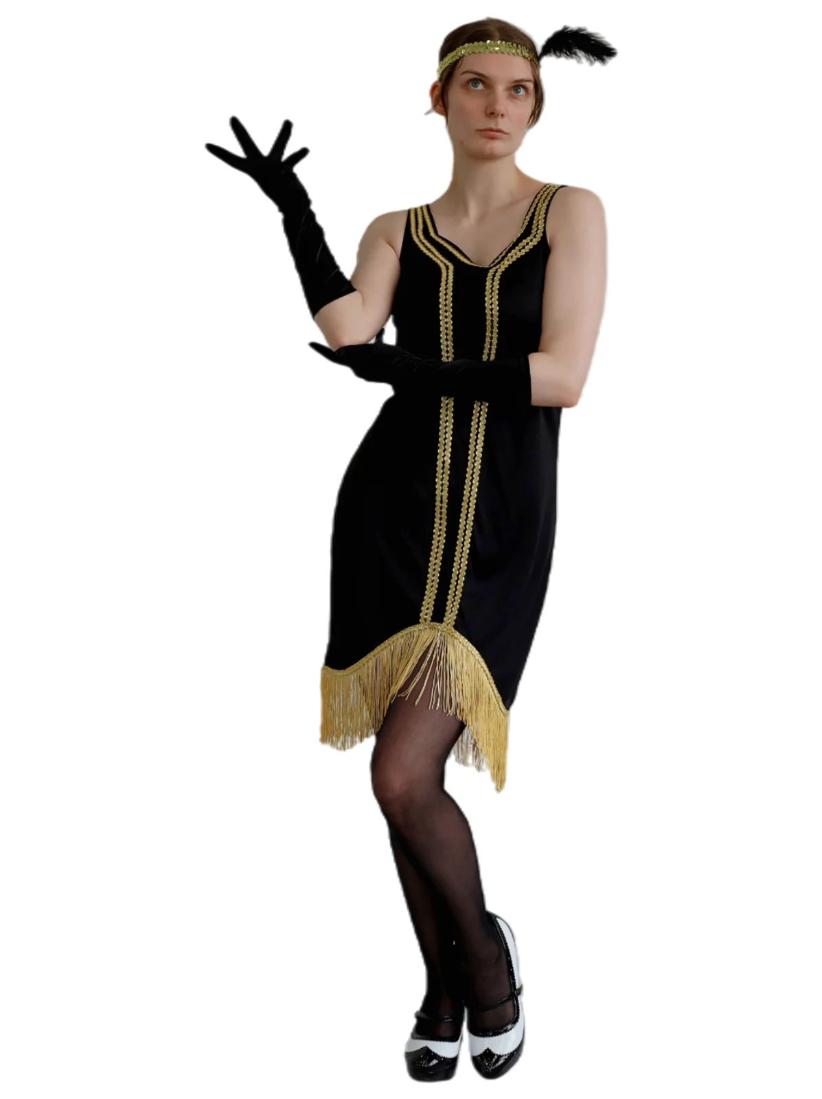 Woman in a black flapper dress with gold braid and gold fringe hem, gold headband and black gloves, front view