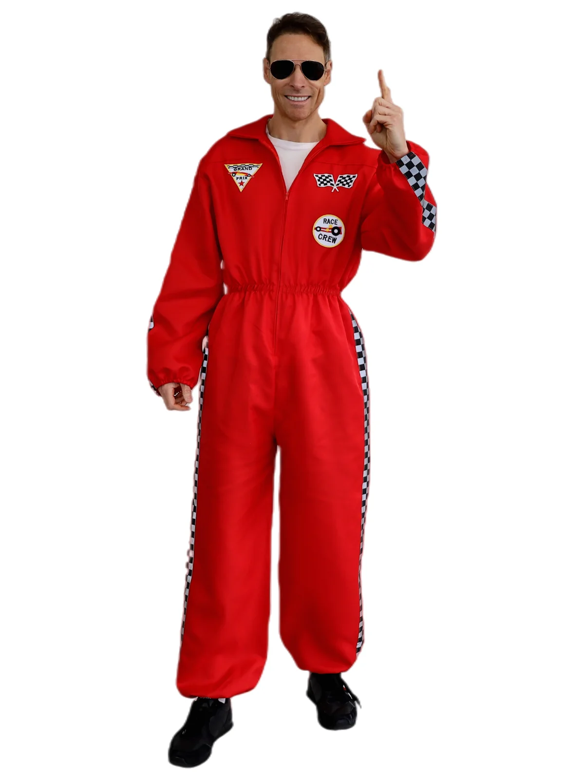 Man wearing a red racing driver jumpsuit with chequered stripes and chest badges, front view