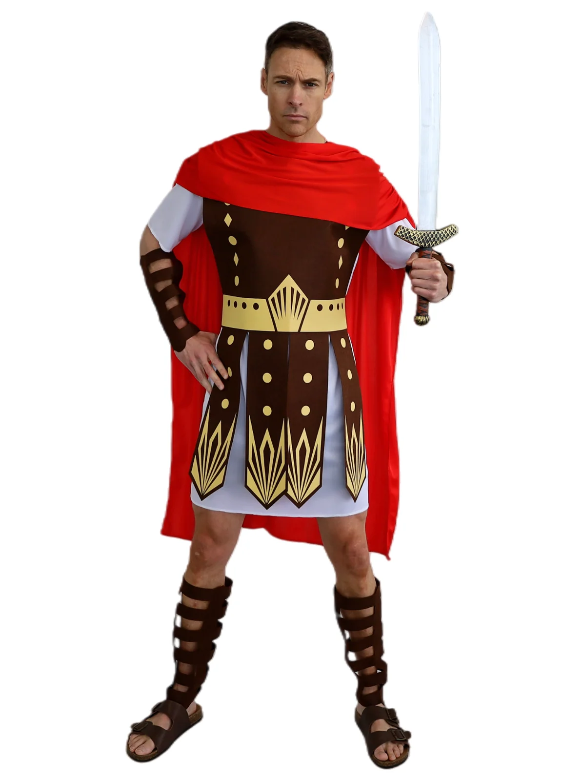Man wearing a Roman warrior costume with brown and gold armour front, red cape, wrist guards and leg guards