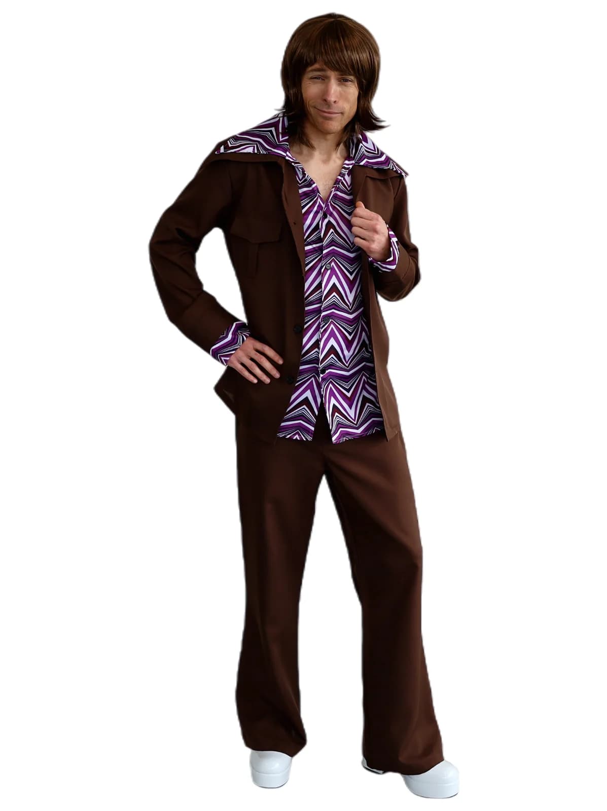 Man in a brown 70s leisure suit with a purple zigzag shirt front and flared pants, front view