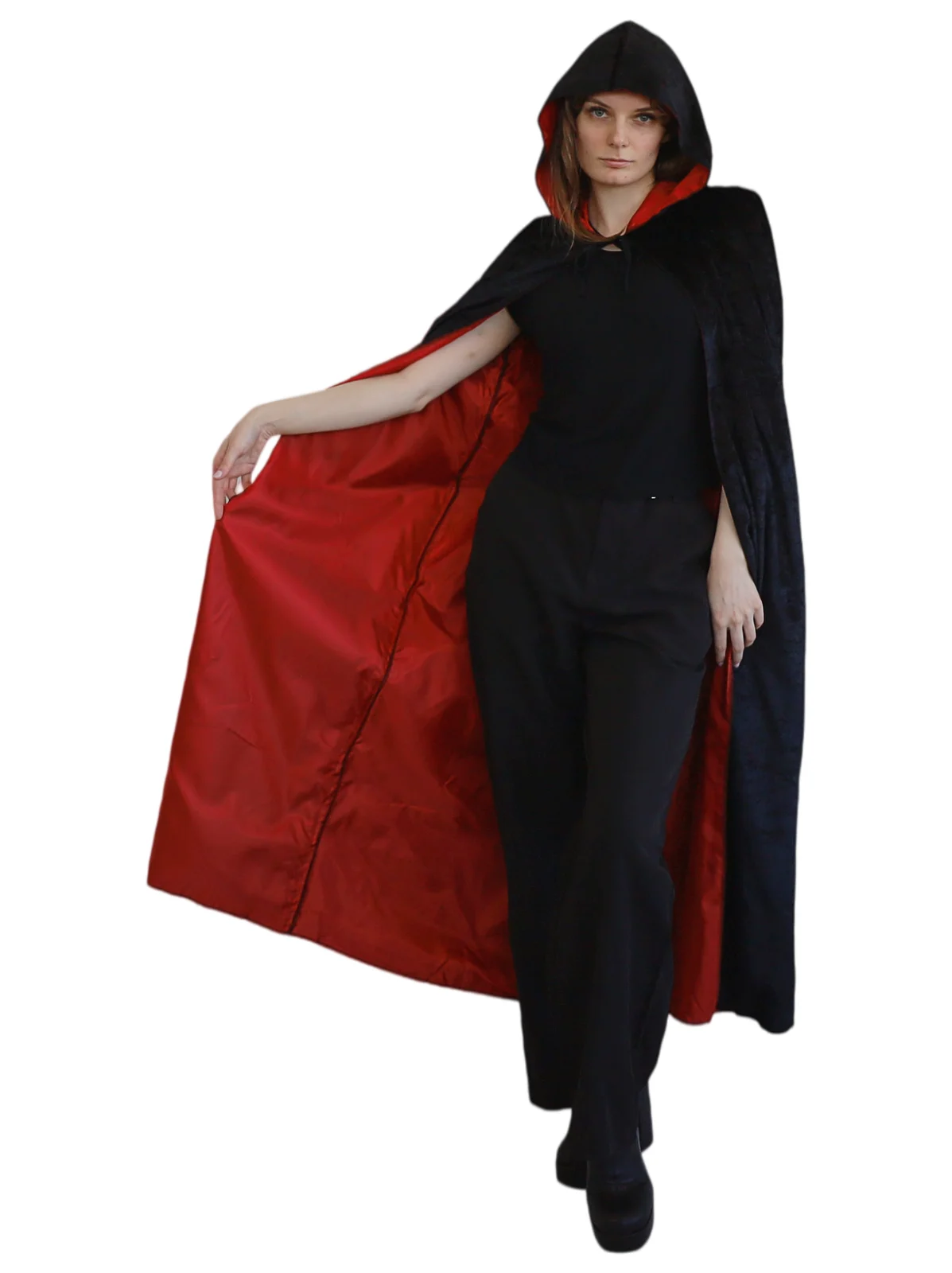 Adults Black Hooded Velvet Cape with Red Lining, view 2