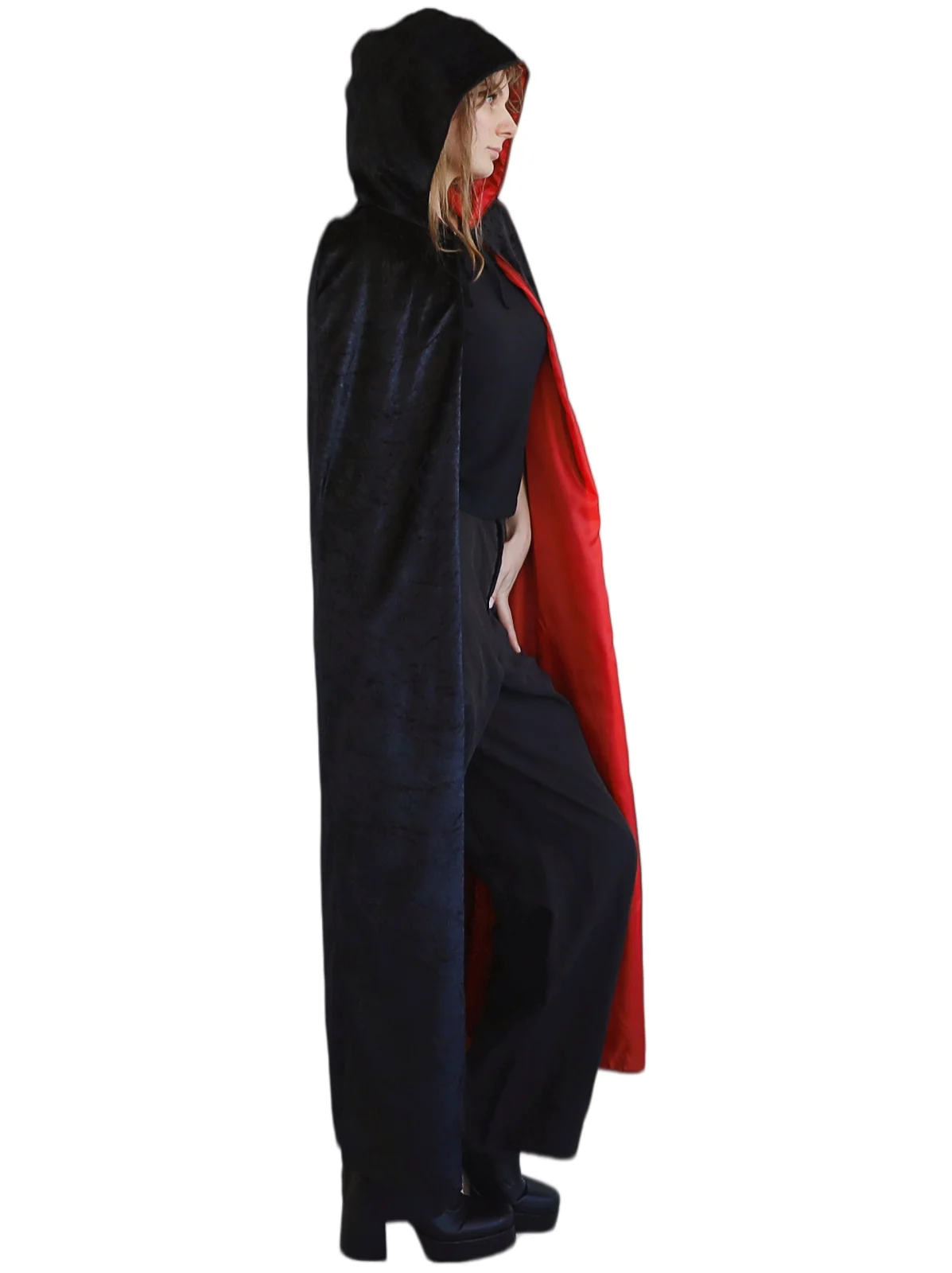 Adults Black Hooded Velvet Cape with Red Lining, view 3