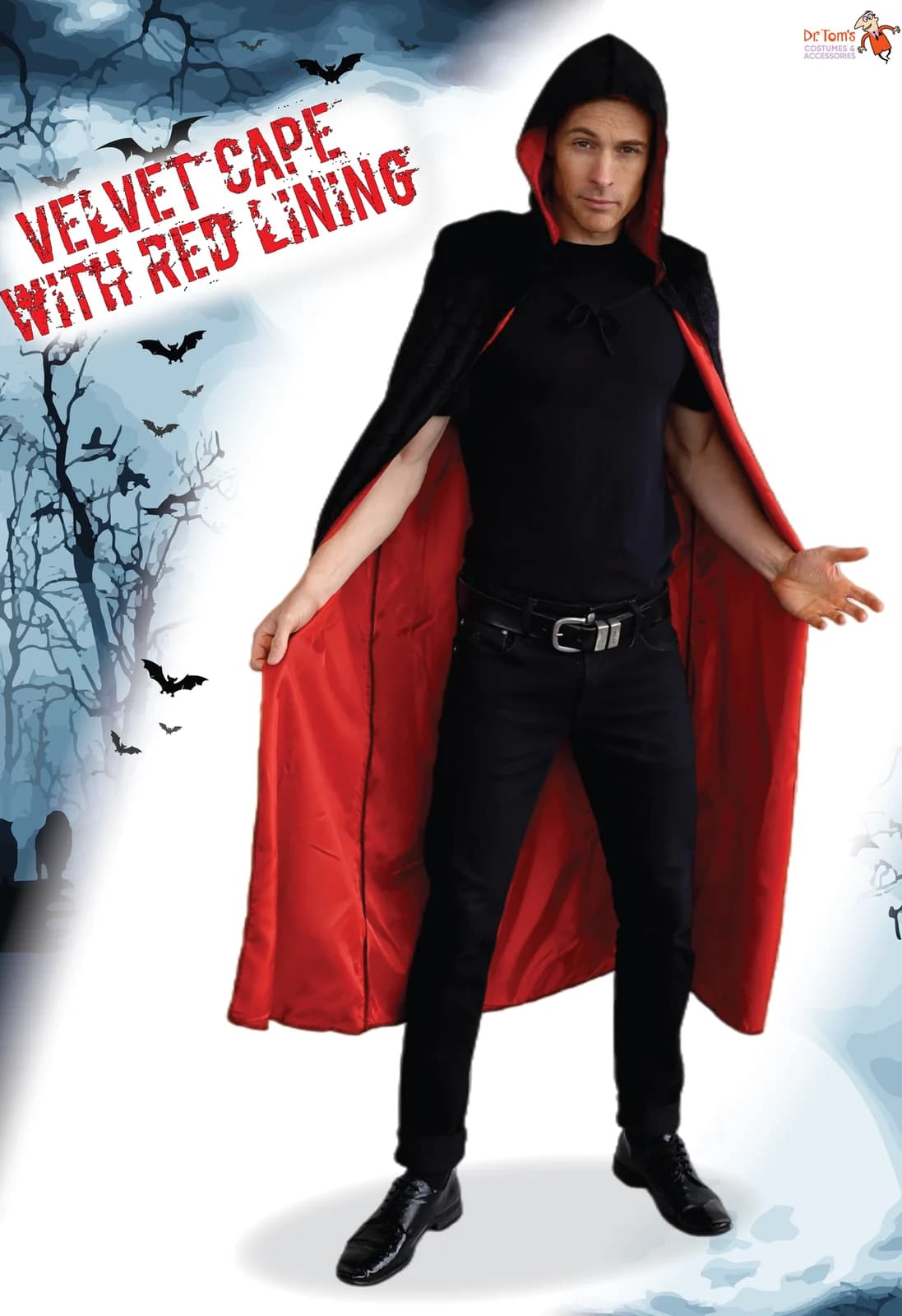 Adults Black Hooded Velvet Cape with Red Lining, view 5