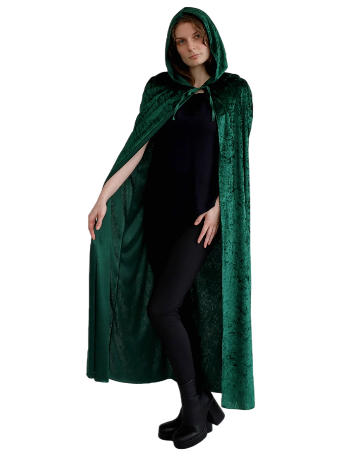 Adults Green Hooded Velvet Cape, view 2
