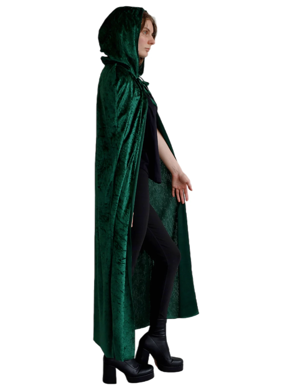 Adults Green Hooded Velvet Cape, view 3