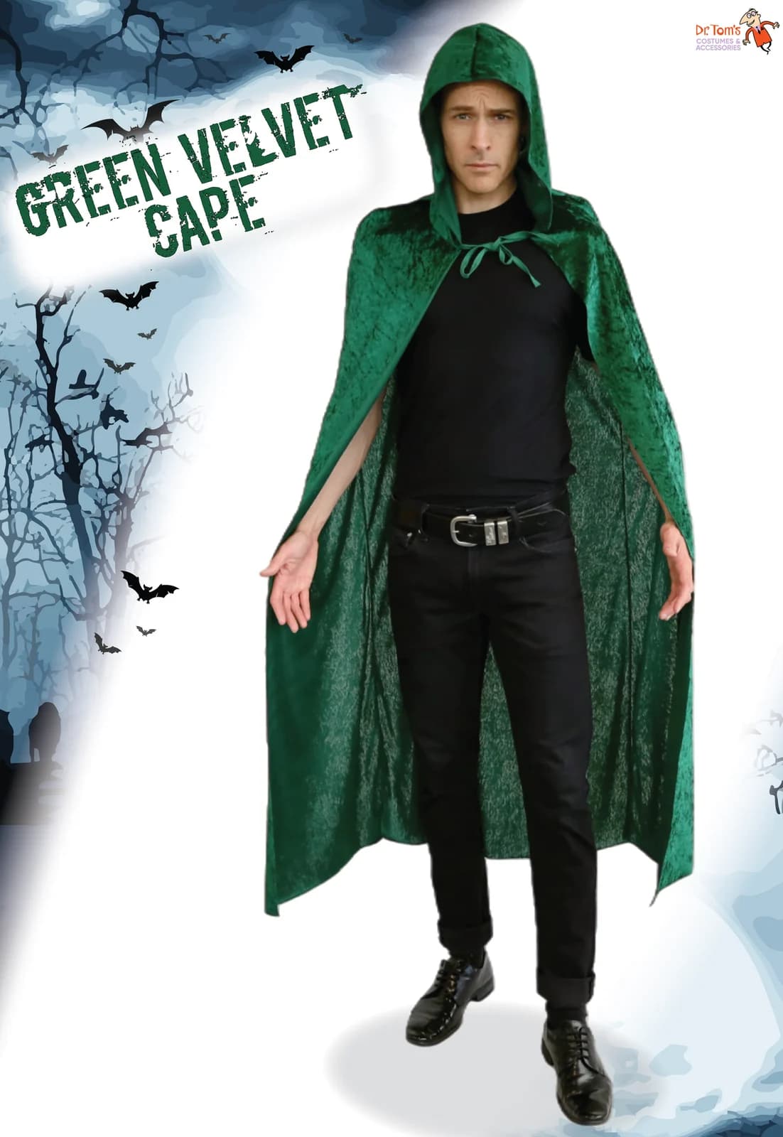 Adults Green Hooded Velvet Cape, view 5