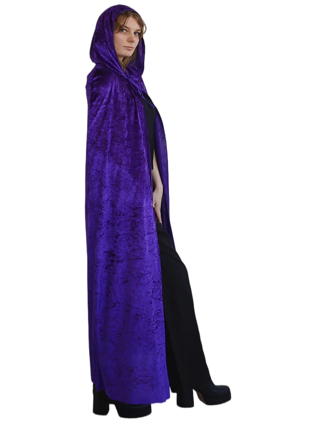 Adults Purple Hooded Velvet Cape, view 3