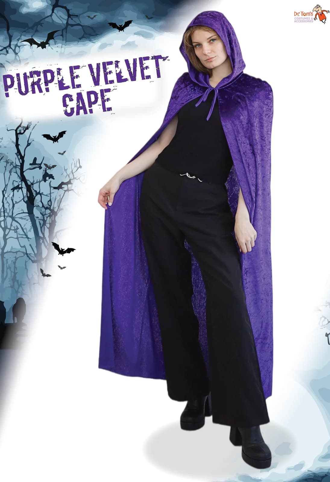 Adults Purple Hooded Velvet Cape, view 6