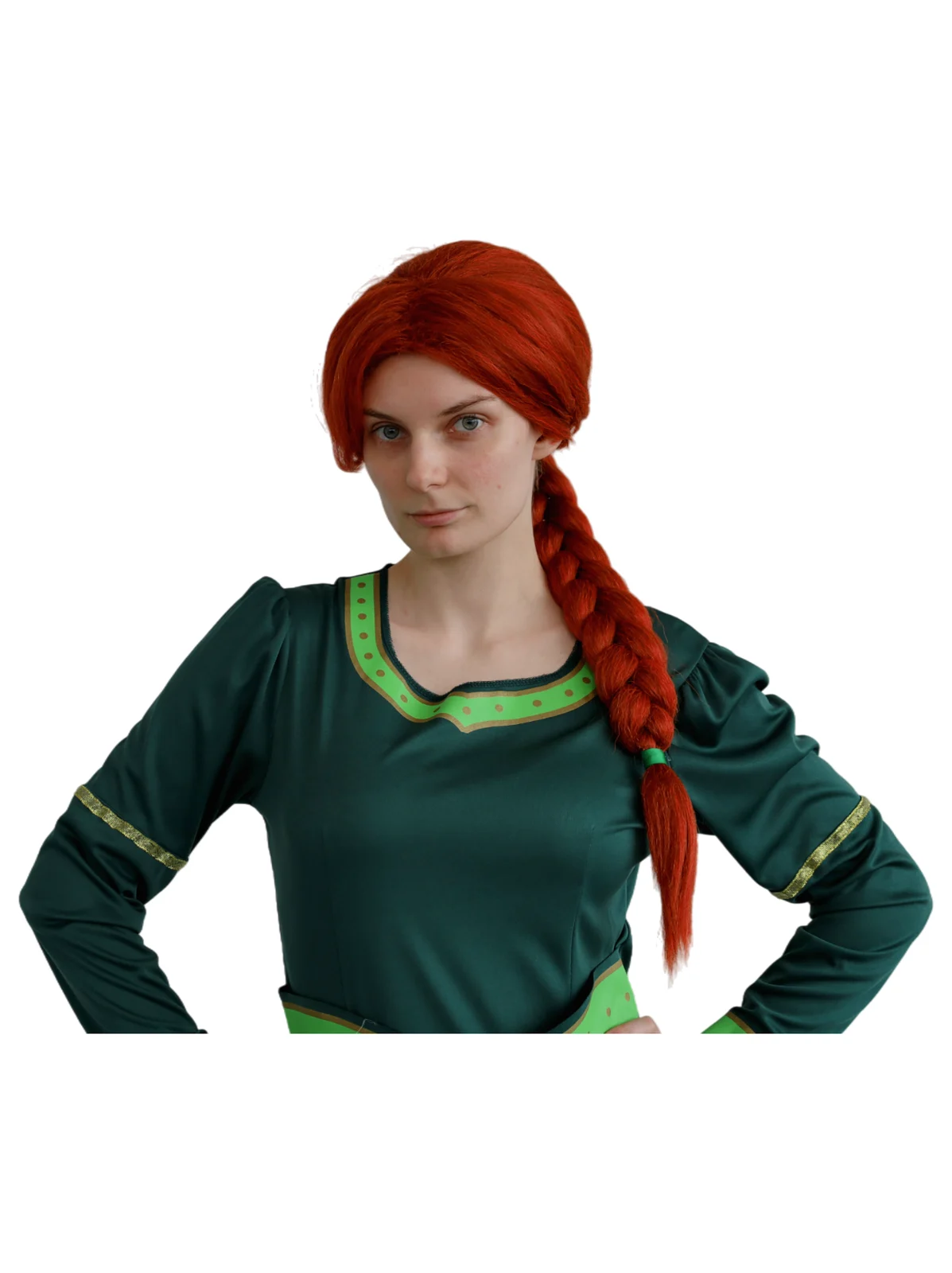 Copper red costume wig with side-swept fringe and a long plait over the shoulder