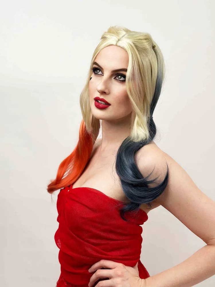 Blonde Pigtails Wig with Red & Blue Tips