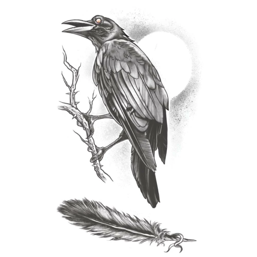Temporary tattoo design of a black raven on a thorny branch with a feather below