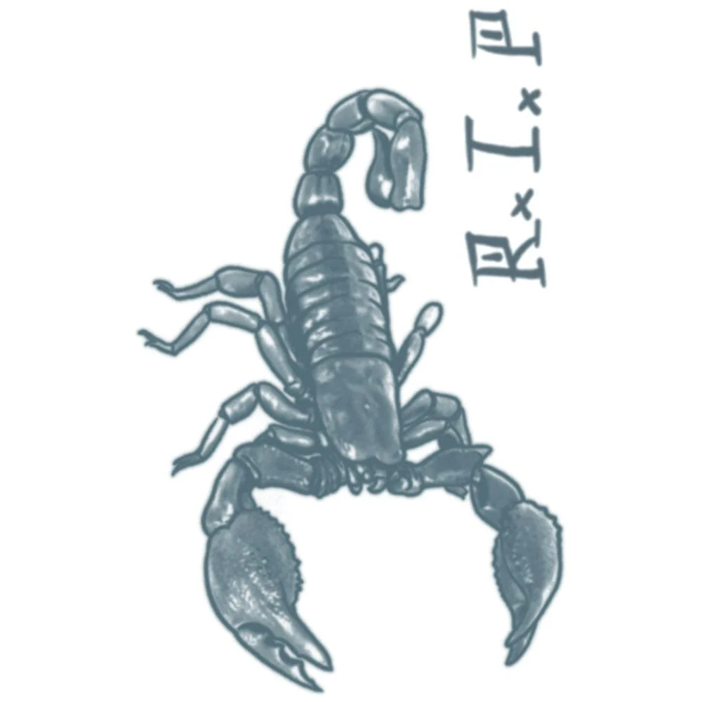 Temporary tattoo design of a scorpion with R.I.P lettering in black and grey ink