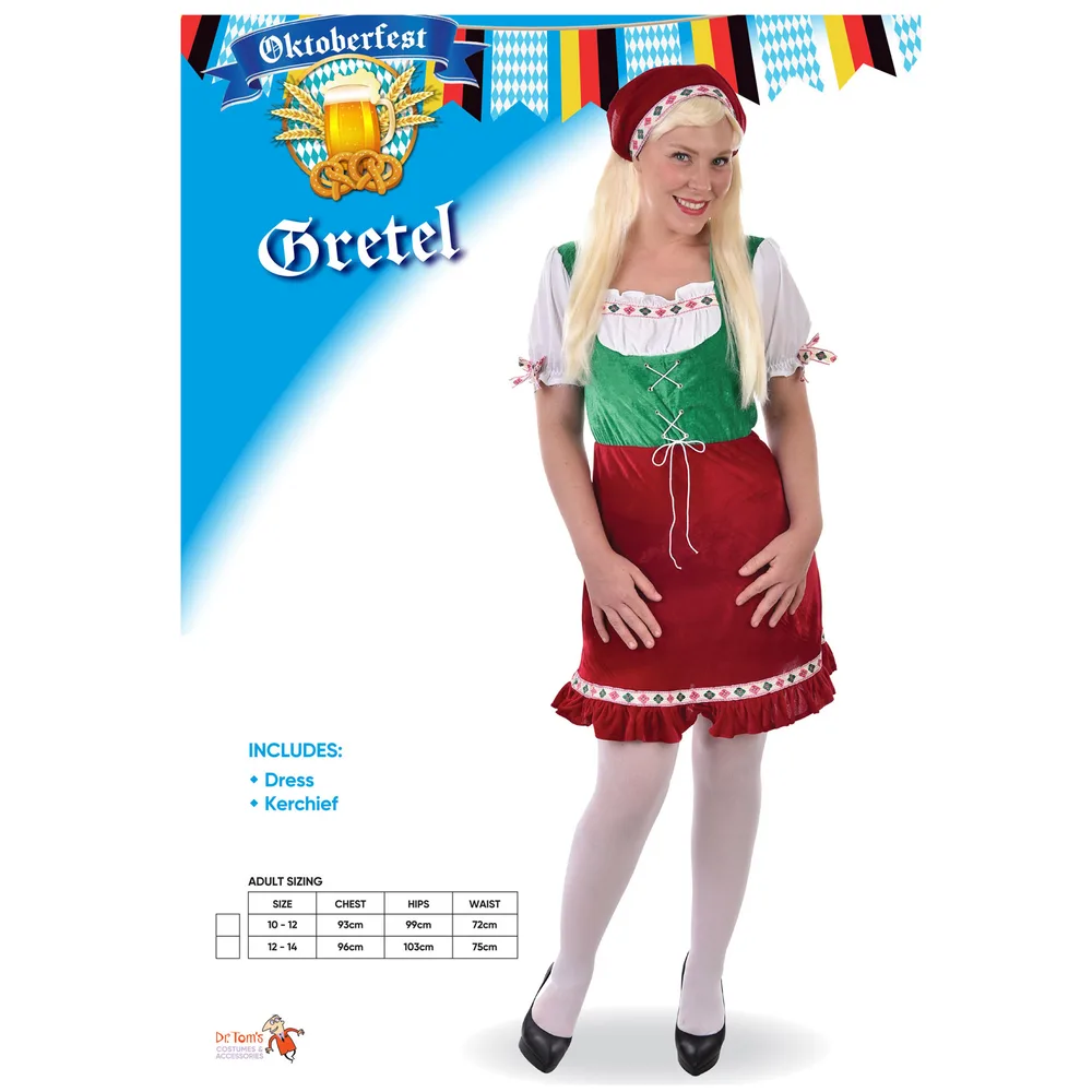 Women's Gretel Oktoberfest costume pack showing what is included