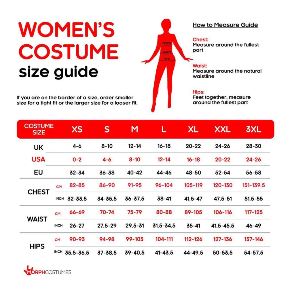 Women's costume size chart with chest, waist and hip measurements