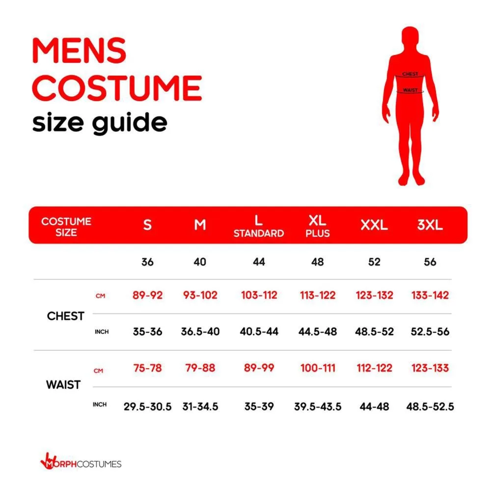 Men's costume size chart with chest and waist measurements