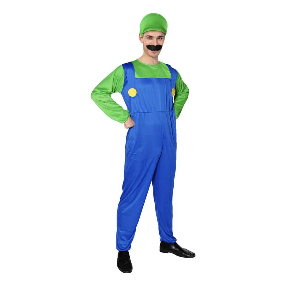 Adults green plumber overalls costume - blue overalls with green sleeves, green cap and moustache