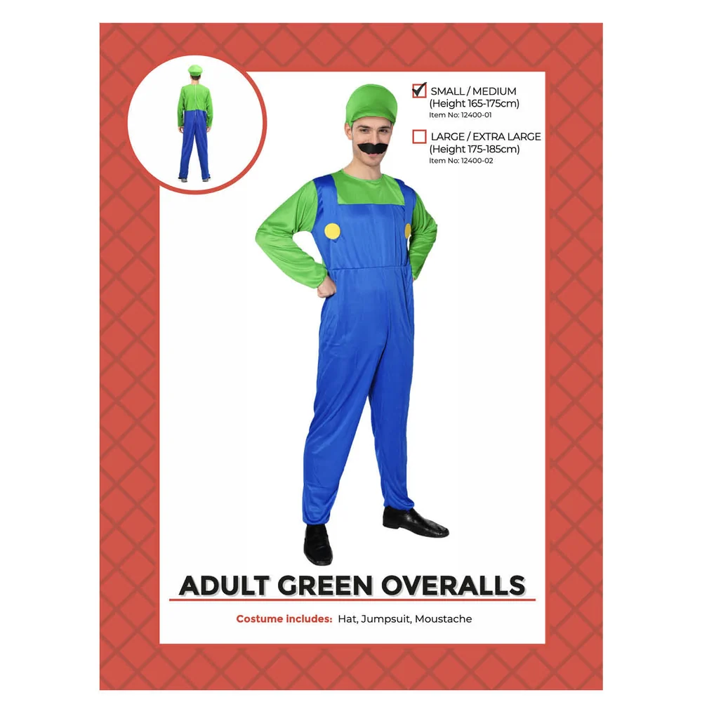 Adults Green Plumber Overalls Costume pack showing sizes and contents
