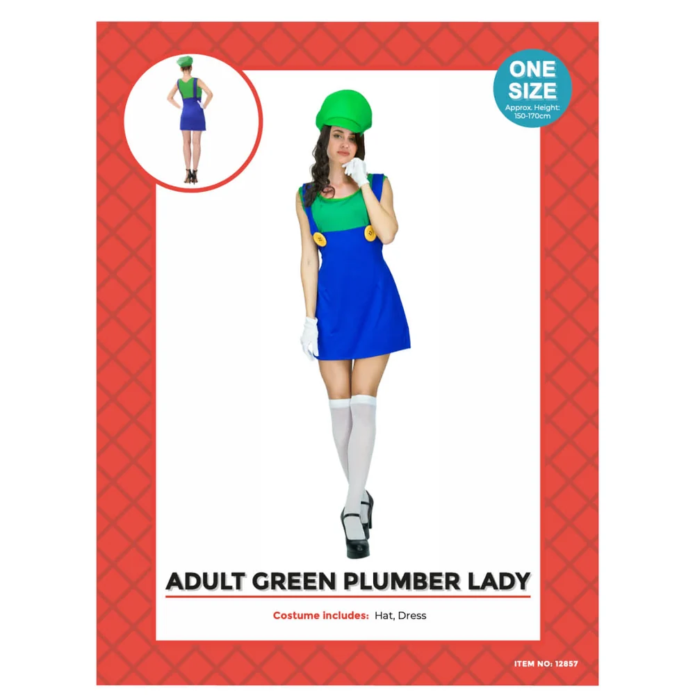 Adults Green Plumber Girl Costume pack showing sizes and contents