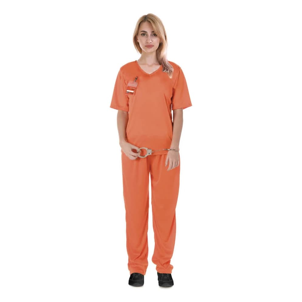 Adults orange prisoner lady costume - orange scrubs top and pants with badge