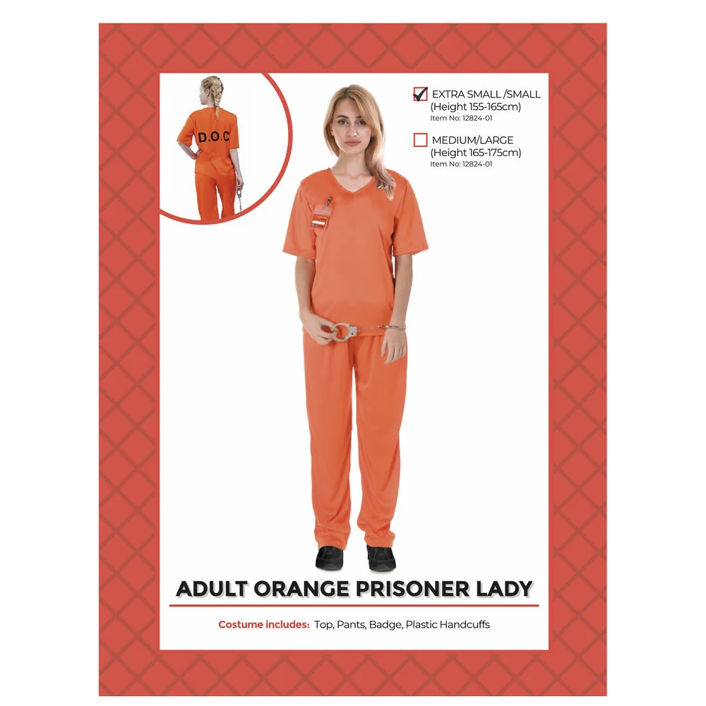 Adults Orange Prisoner Lady Costume pack showing sizes and contents