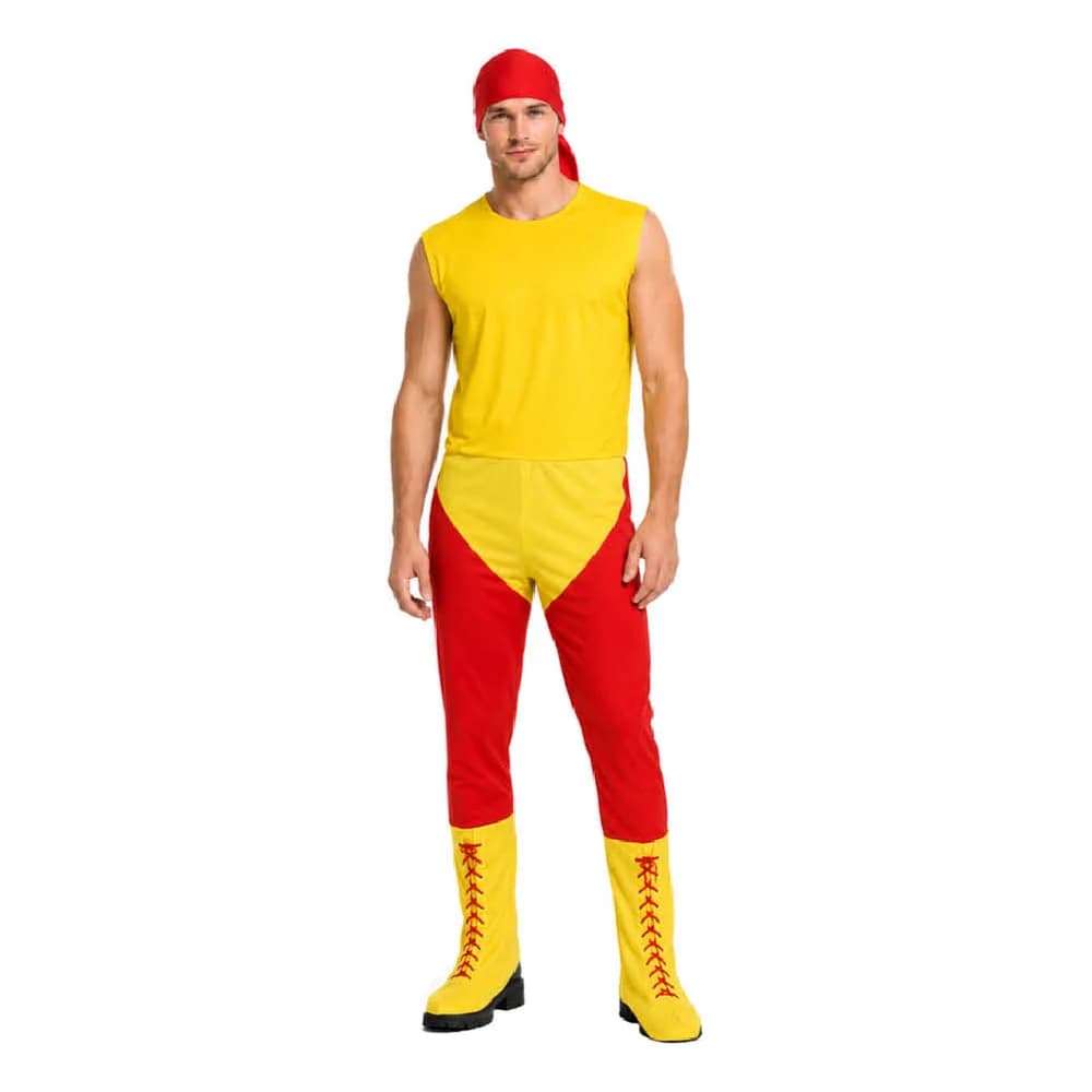 Adults yellow and red wrestler jumpsuit costume