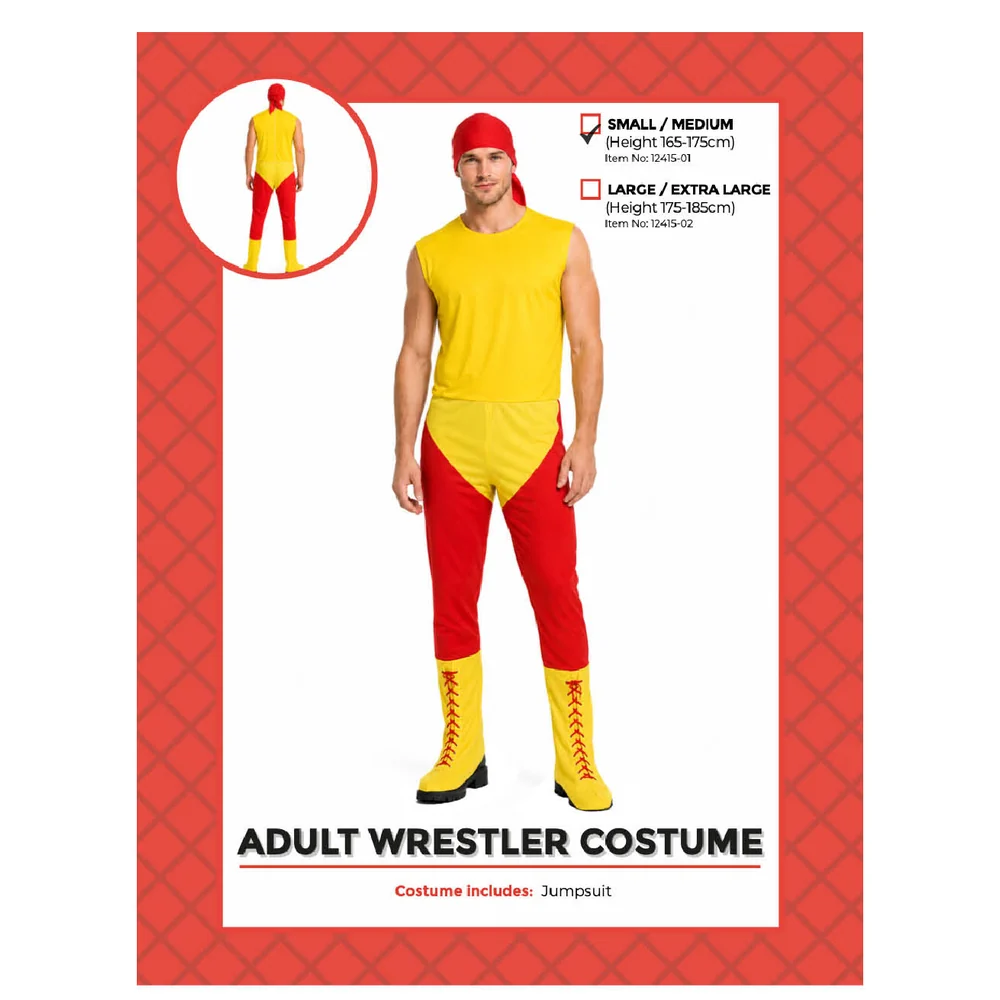 Adults Wrestler Costume pack showing sizes and contents