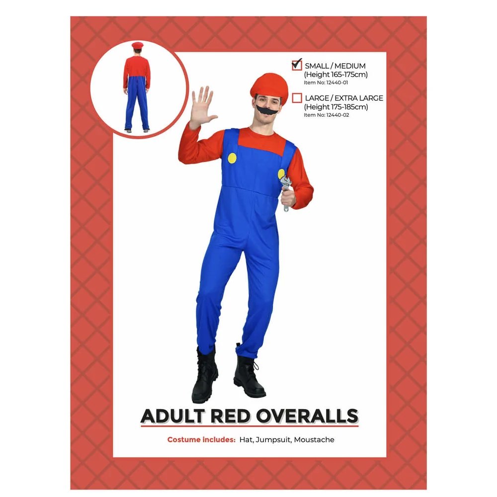 Adults Red Plumber Overalls Costume pack showing sizes and contents